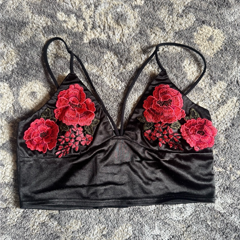 Forever 21 Black Bralette Crop Top with Red Floral Embroidery - Picture 1 of 10